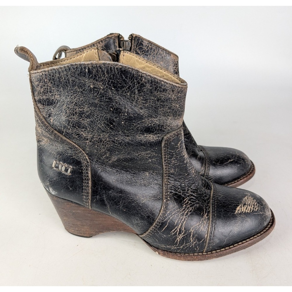Bed Stu Gentry Cobbler Wedge Ankle Boots Woman's Size 7 Black Lux Distress